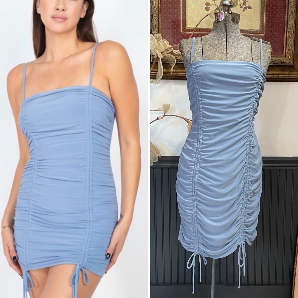 IRIS Ruched Adjustable Baby Blue Spaghetti Strap Mini Dress - Sz 1X 💛🎀